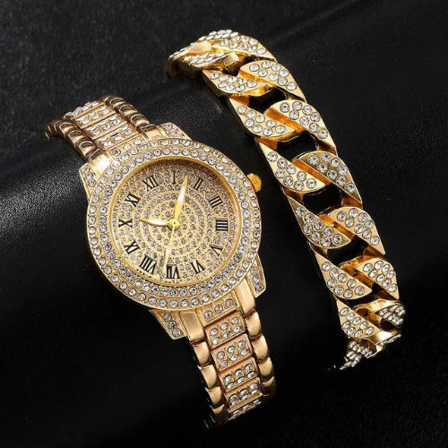 Set de Reloj Diamantado y Pulsera con Cristales